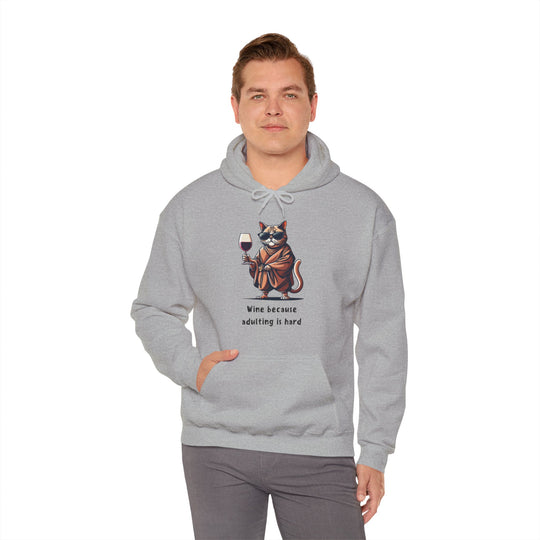 Wine Because Adulting Is Hard  Cat Hoodie - Relaxation Series