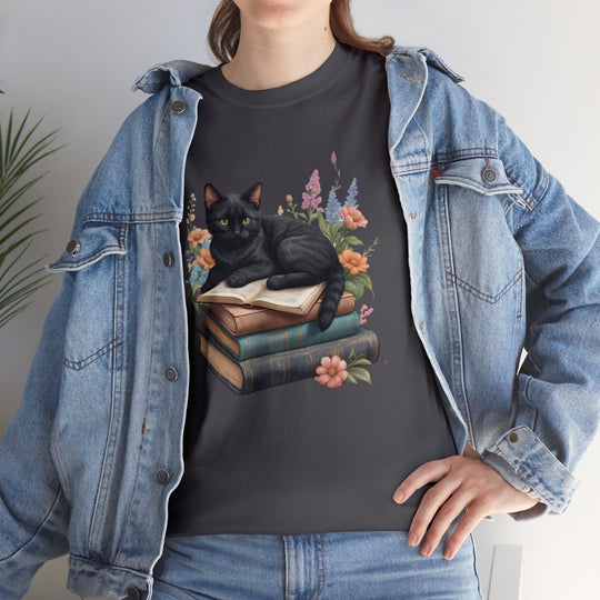 Floral Feline Scholar Book Cat T-shirt