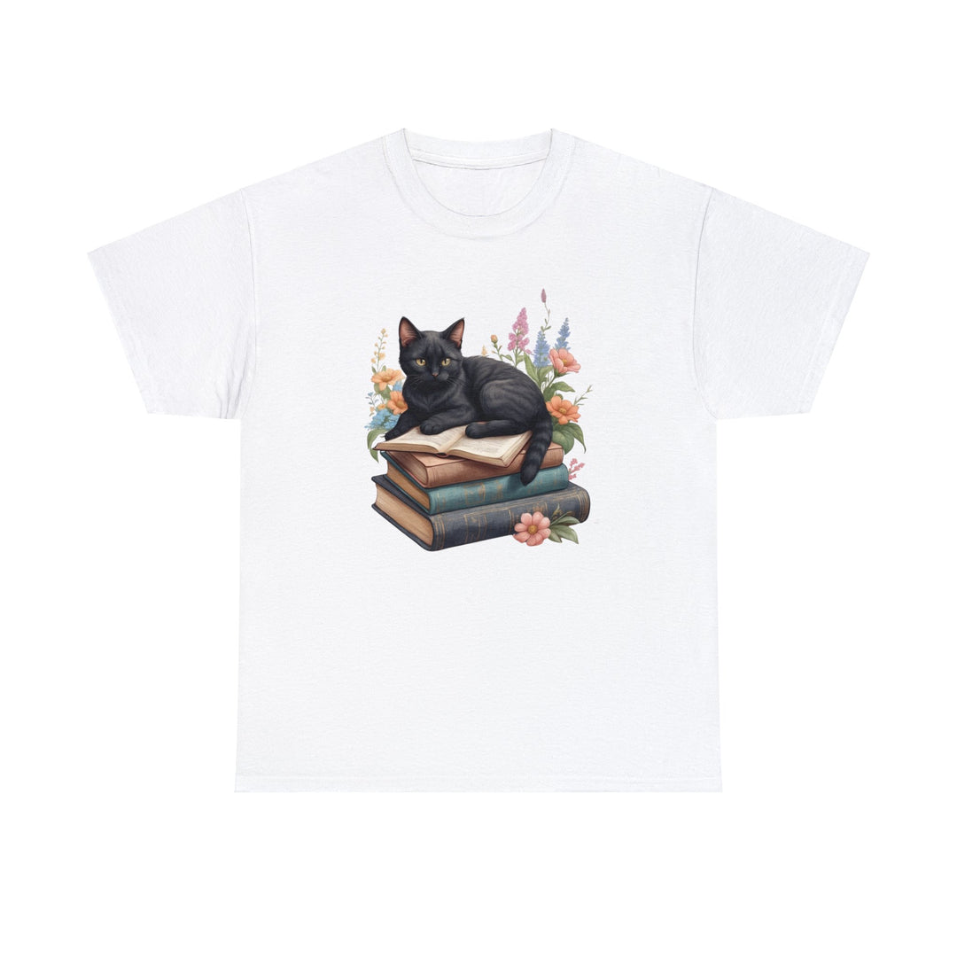 Floral Feline Scholar Book Cat T-shirt