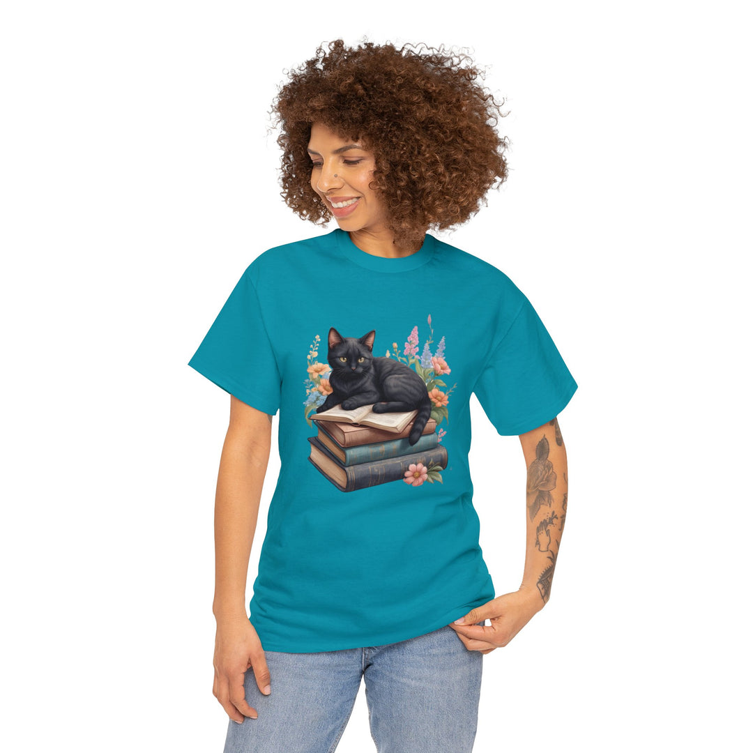 Floral Feline Scholar Book Cat T-shirt