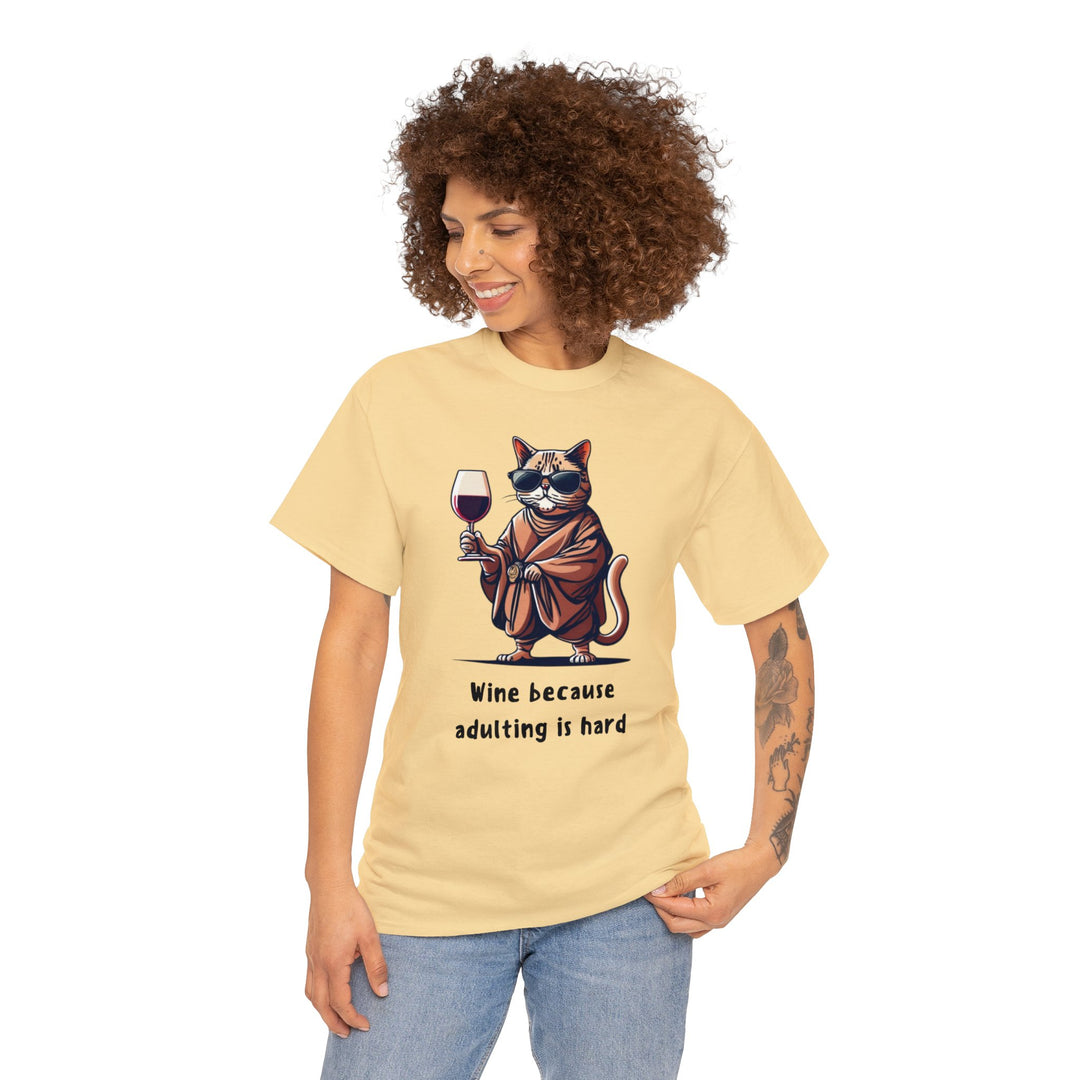 Wine Because Adulting Is Hard  Cat T-Shirt - Relaxation Series