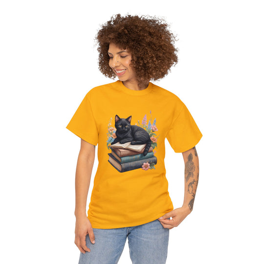 Floral Feline Scholar Book Cat T-shirt