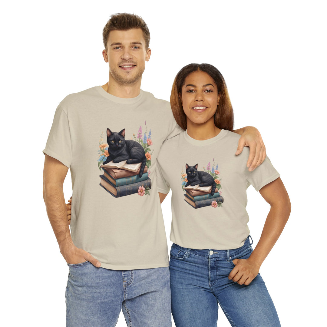 Floral Feline Scholar Book Cat T-shirt