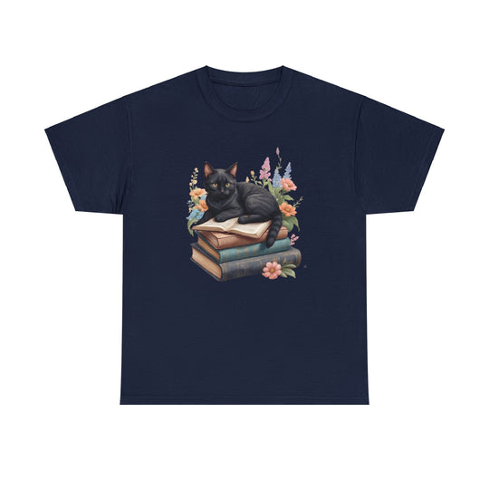 Floral Feline Scholar Book Cat T-shirt