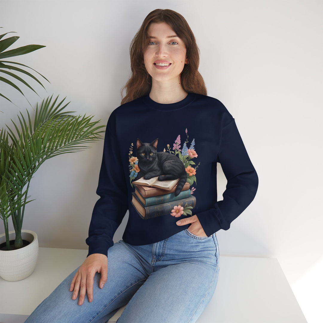 Floral Feline Scholar Book Cat  Sweatshirt