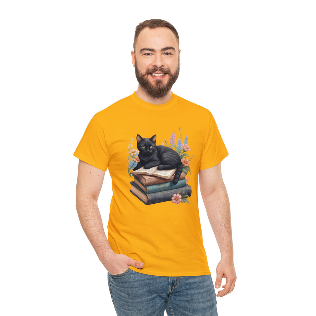 Floral Feline Scholar Book Cat T-shirt