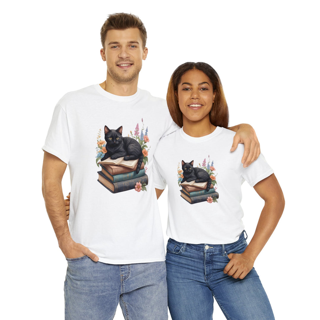 Floral Feline Scholar Book Cat T-shirt