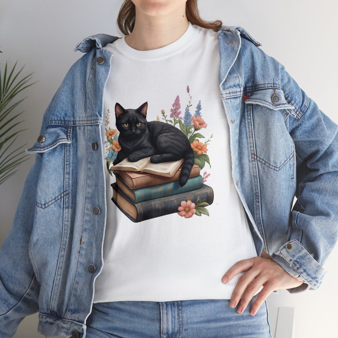 Floral Feline Scholar Book Cat T-shirt