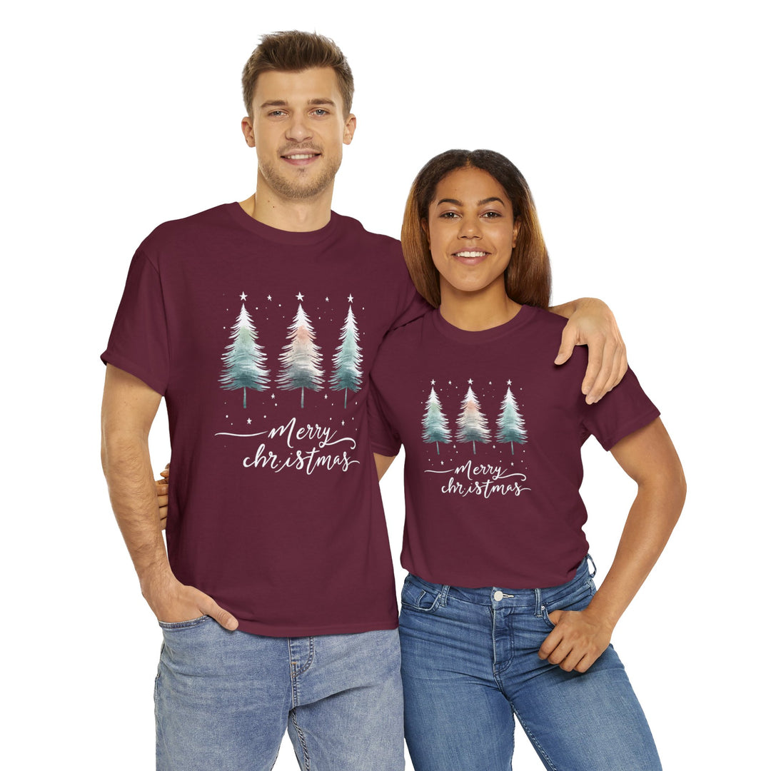 Starry Night Watercolor Christmas Trees Unisex T Shirt - Wave Fusions