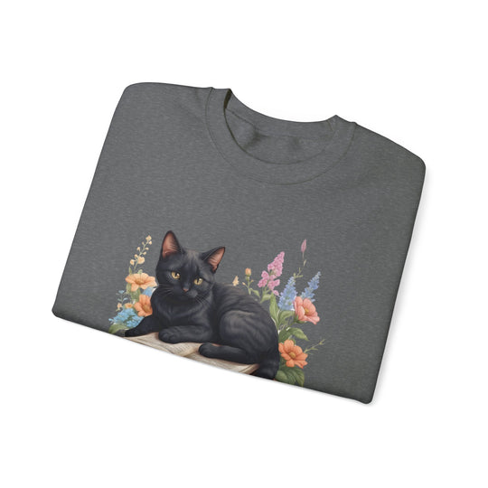 Floral Feline Scholar Book Cat  Sweatshirt