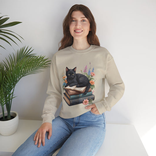 Floral Feline Scholar Book Cat  Sweatshirt