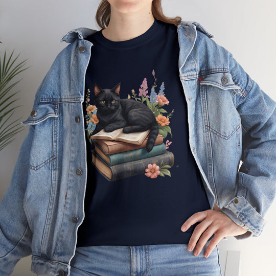 Floral Feline Scholar Book Cat T-shirt