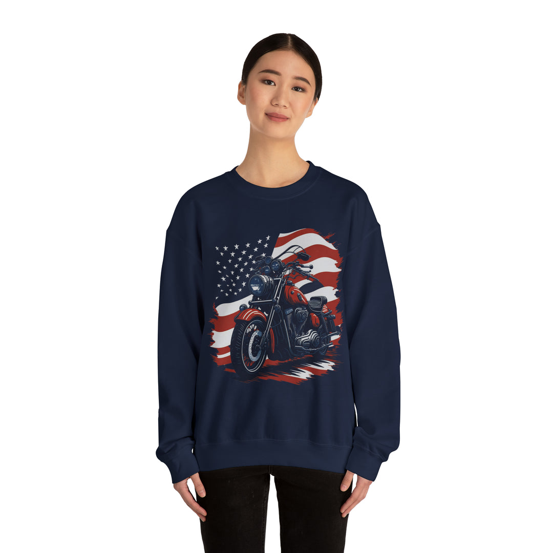 USA Flag Vintage Bike Unisex Heavy Blend Crewneck Sweatshirt - Wave Fusions