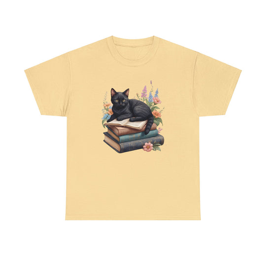 Floral Feline Scholar Book Cat T-shirt