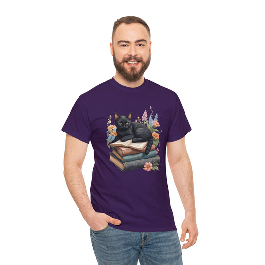 Floral Feline Scholar Book Cat T-shirt