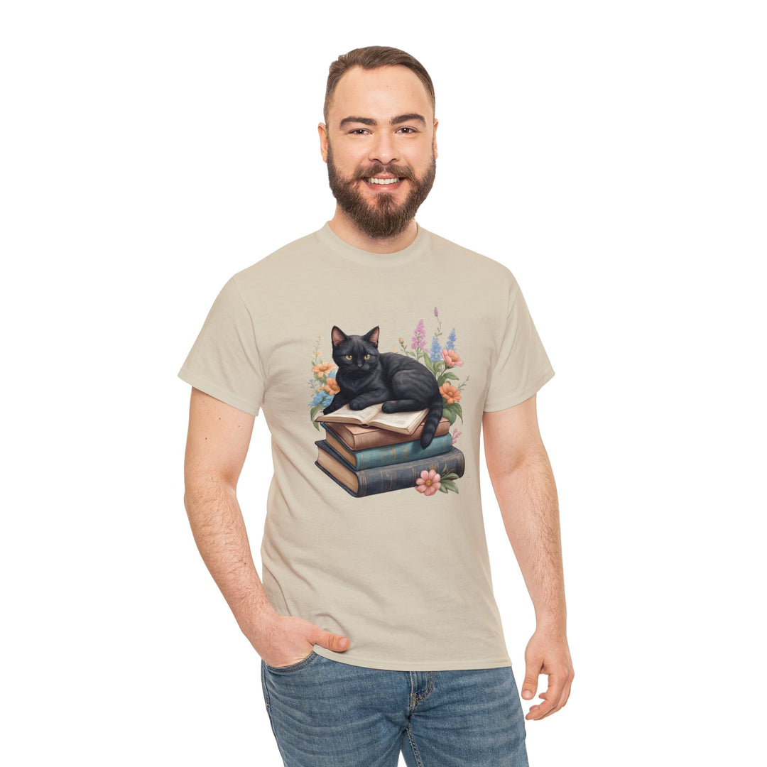 Floral Feline Scholar Book Cat T-shirt