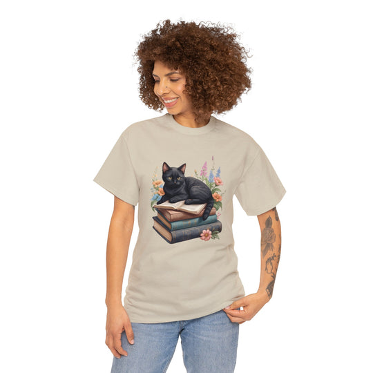 Floral Feline Scholar Book Cat T-shirt