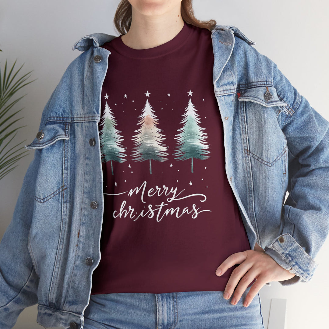 Starry Night Watercolor Christmas Trees Unisex T Shirt - Wave Fusions