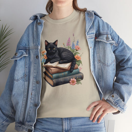 Floral Feline Scholar Book Cat T-shirt