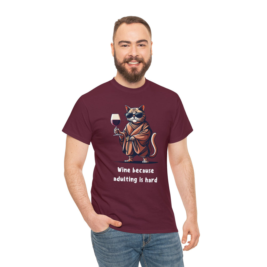 Wine Because Adulting Is Hard  Cat T-Shirt - Relaxation Series