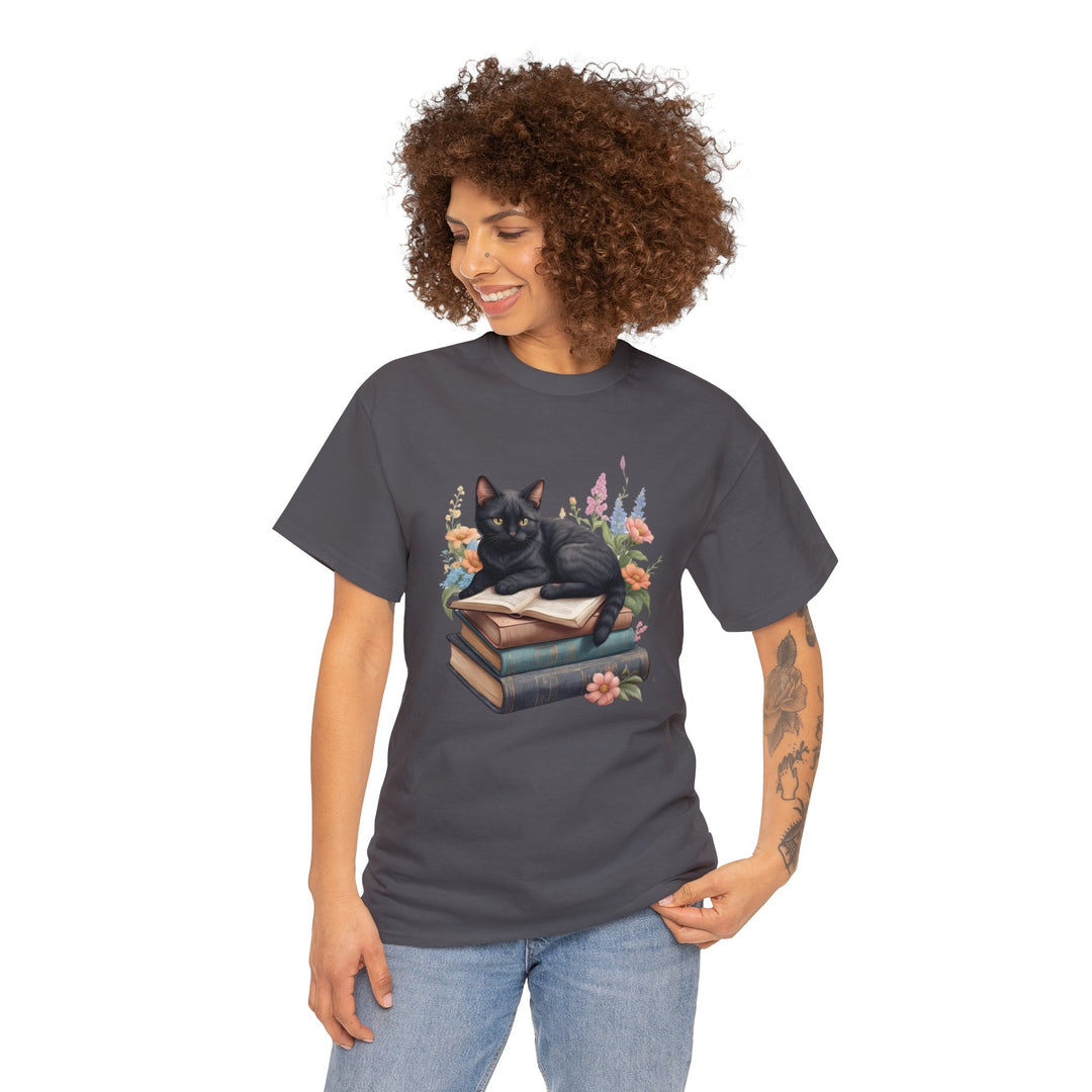 Floral Feline Scholar Book Cat T-shirt