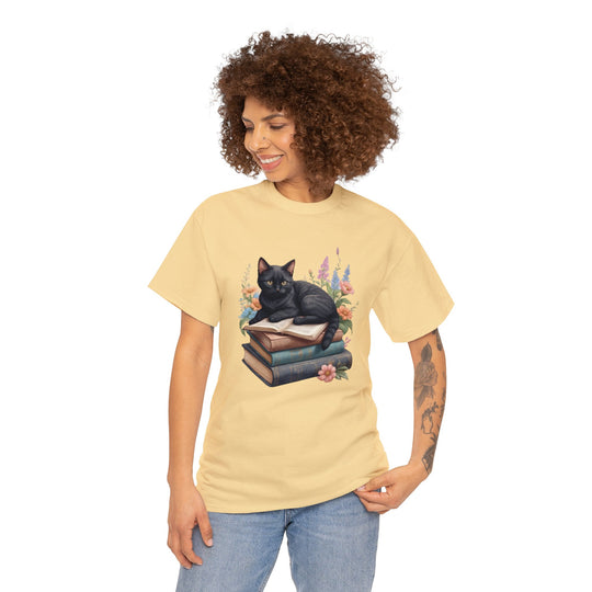 Floral Feline Scholar Book Cat T-shirt