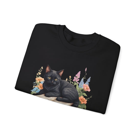 Floral Feline Scholar Book Cat  Sweatshirt