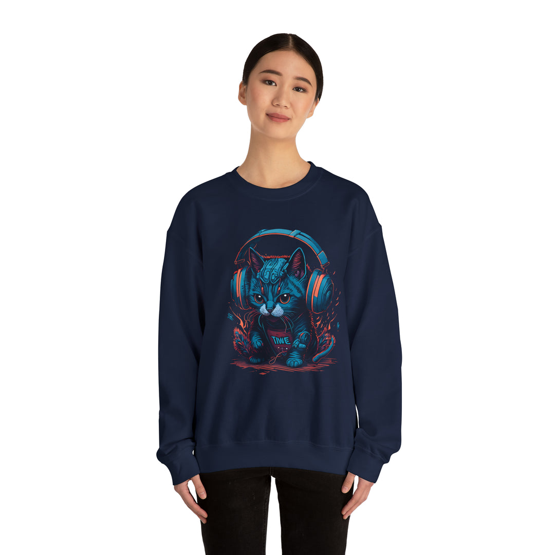 Cat With Headset Unisex Heavy Blend Crewneck Sweatshirt - Wave Fusions