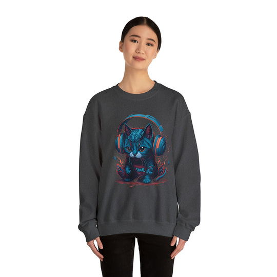 Cat With Headset Unisex Heavy Blend Crewneck Sweatshirt - Wave Fusions