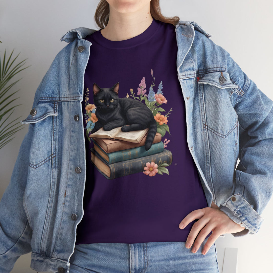 Floral Feline Scholar Book Cat T-shirt