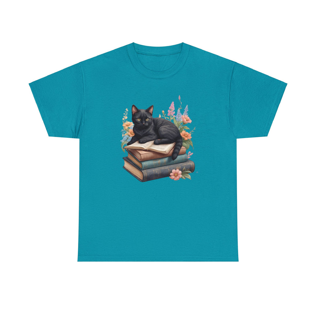 Floral Feline Scholar Book Cat T-shirt