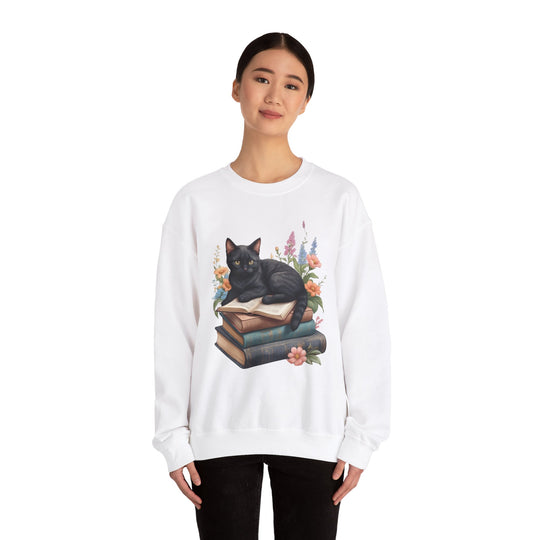 Floral Feline Scholar Book Cat  Sweatshirt