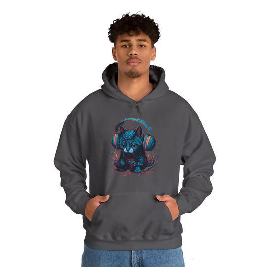 Cat with headset Unisex Hooded Sweatshirt - Wave Fusions