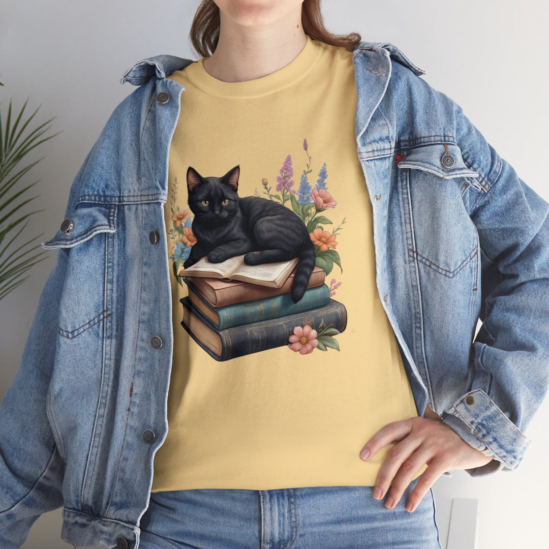 Floral Feline Scholar Book Cat T-shirt