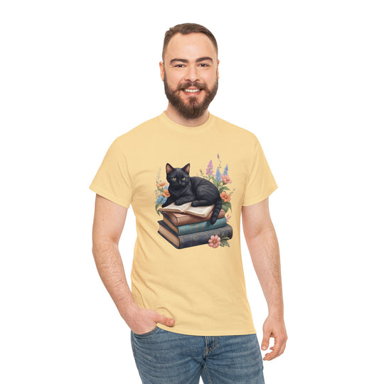 Floral Feline Scholar Book Cat T-shirt