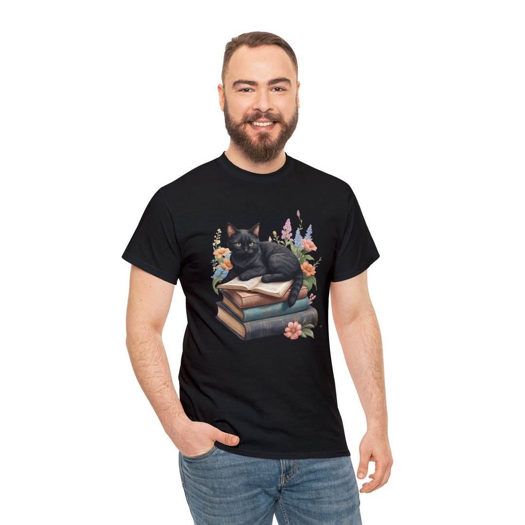 Floral Feline Scholar Book Cat T-shirt