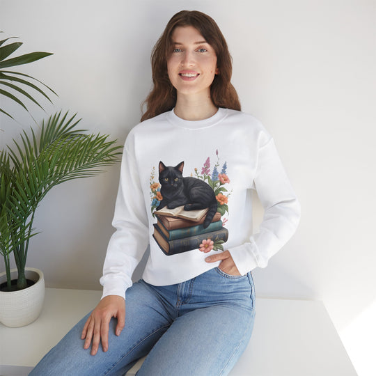 Floral Feline Scholar Book Cat  Sweatshirt