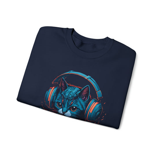 Cat With Headset Unisex Heavy Blend Crewneck Sweatshirt - Wave Fusions