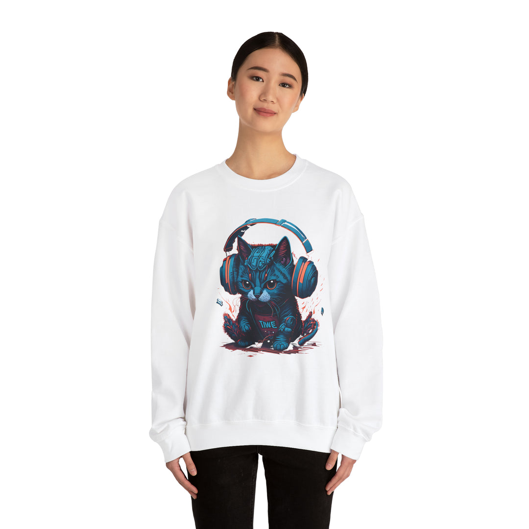 Cat With Headset Unisex Heavy Blend Crewneck Sweatshirt - Wave Fusions