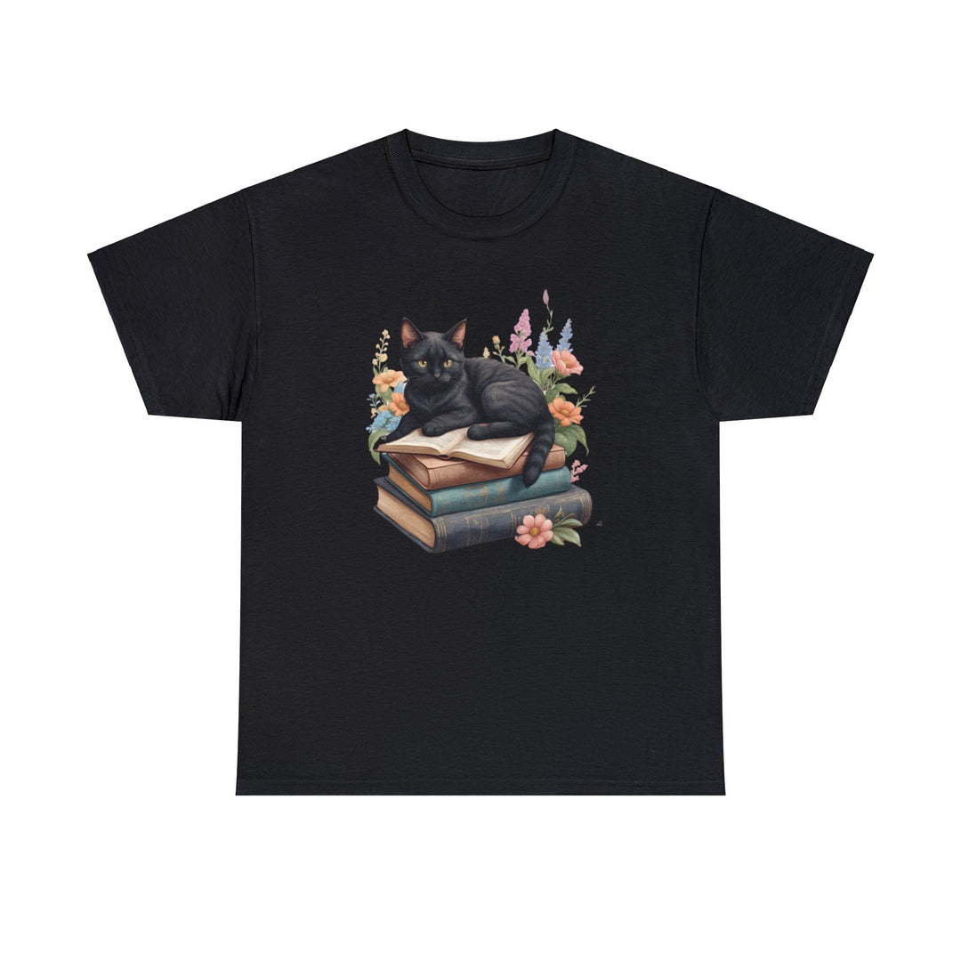 Floral Feline Scholar Book Cat T-shirt