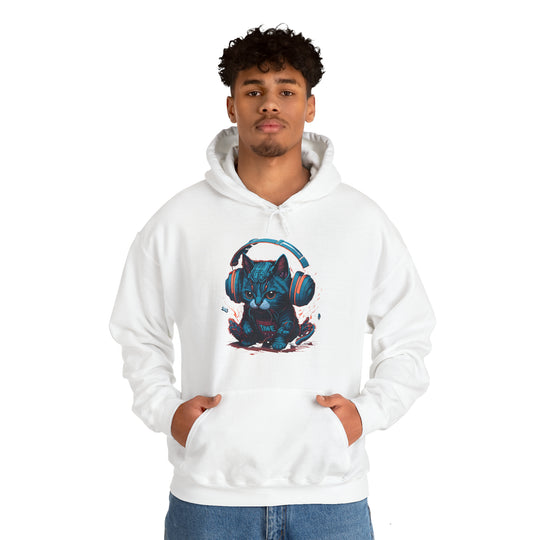 Cat with headset Unisex Hooded Sweatshirt - Wave Fusions