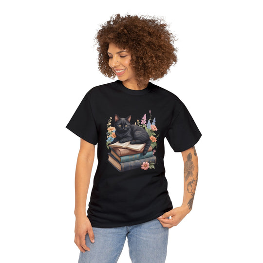 Floral Feline Scholar Book Cat T-shirt