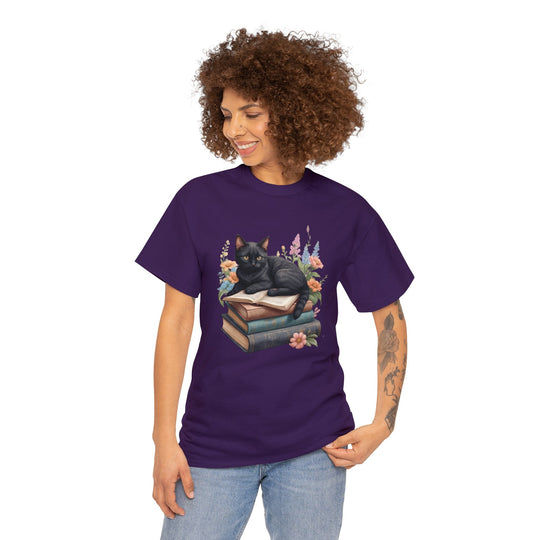 Floral Feline Scholar Book Cat T-shirt