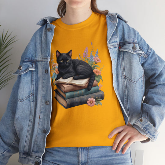 Floral Feline Scholar Book Cat T-shirt