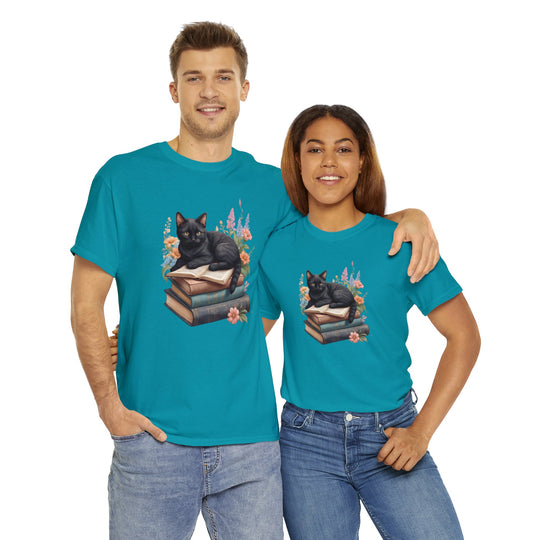 Floral Feline Scholar Book Cat T-shirt