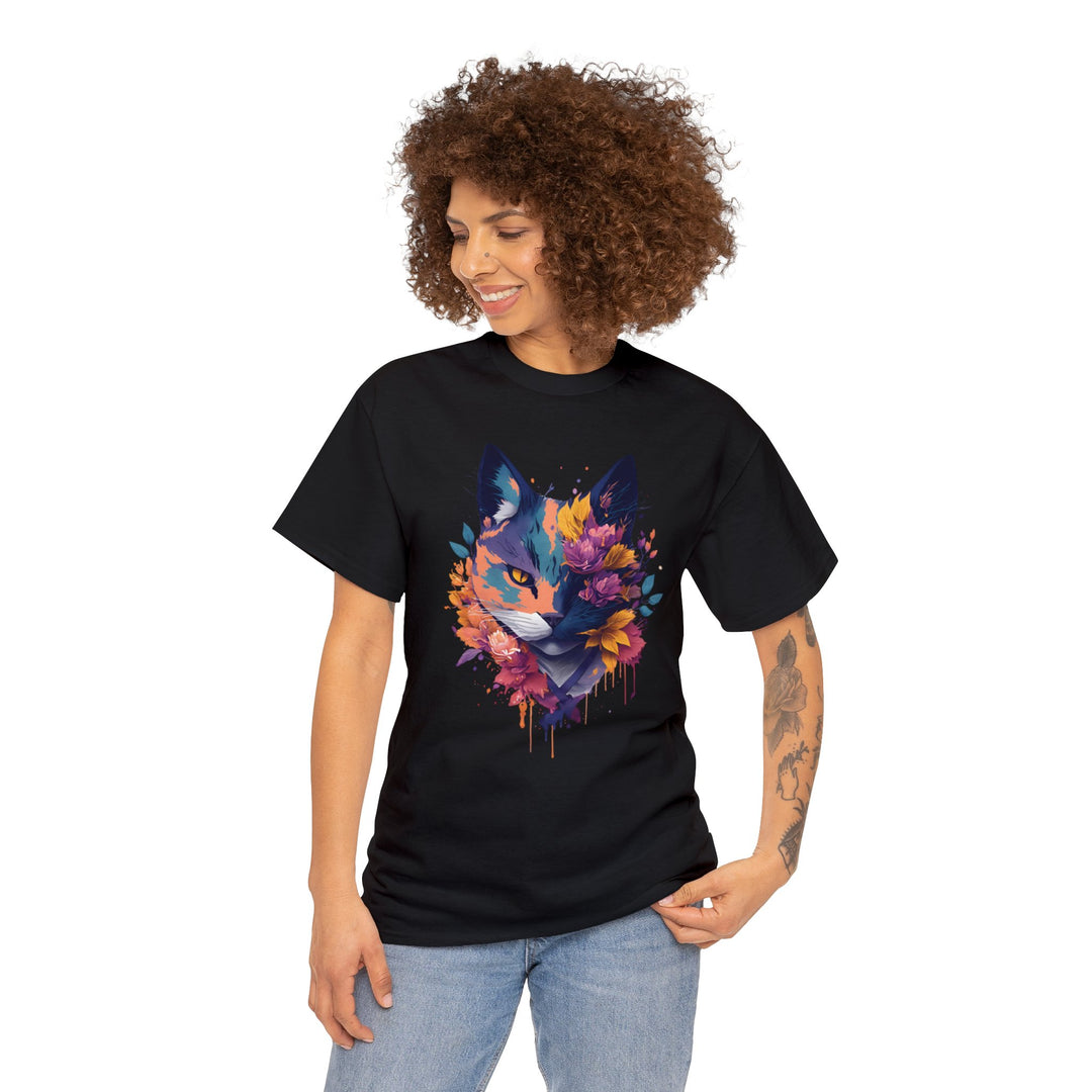 Floral Feline Grace Blossom Kitty T-shirt - Artistic Cat Flair