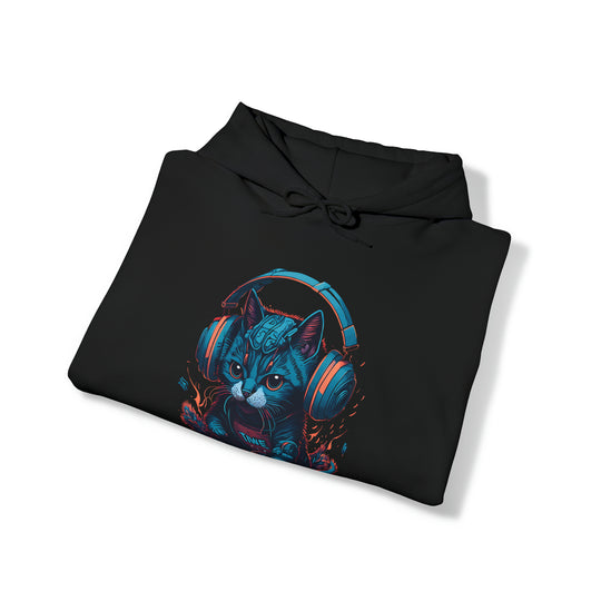 Cat with headset Unisex Hooded Sweatshirt - Wave Fusions