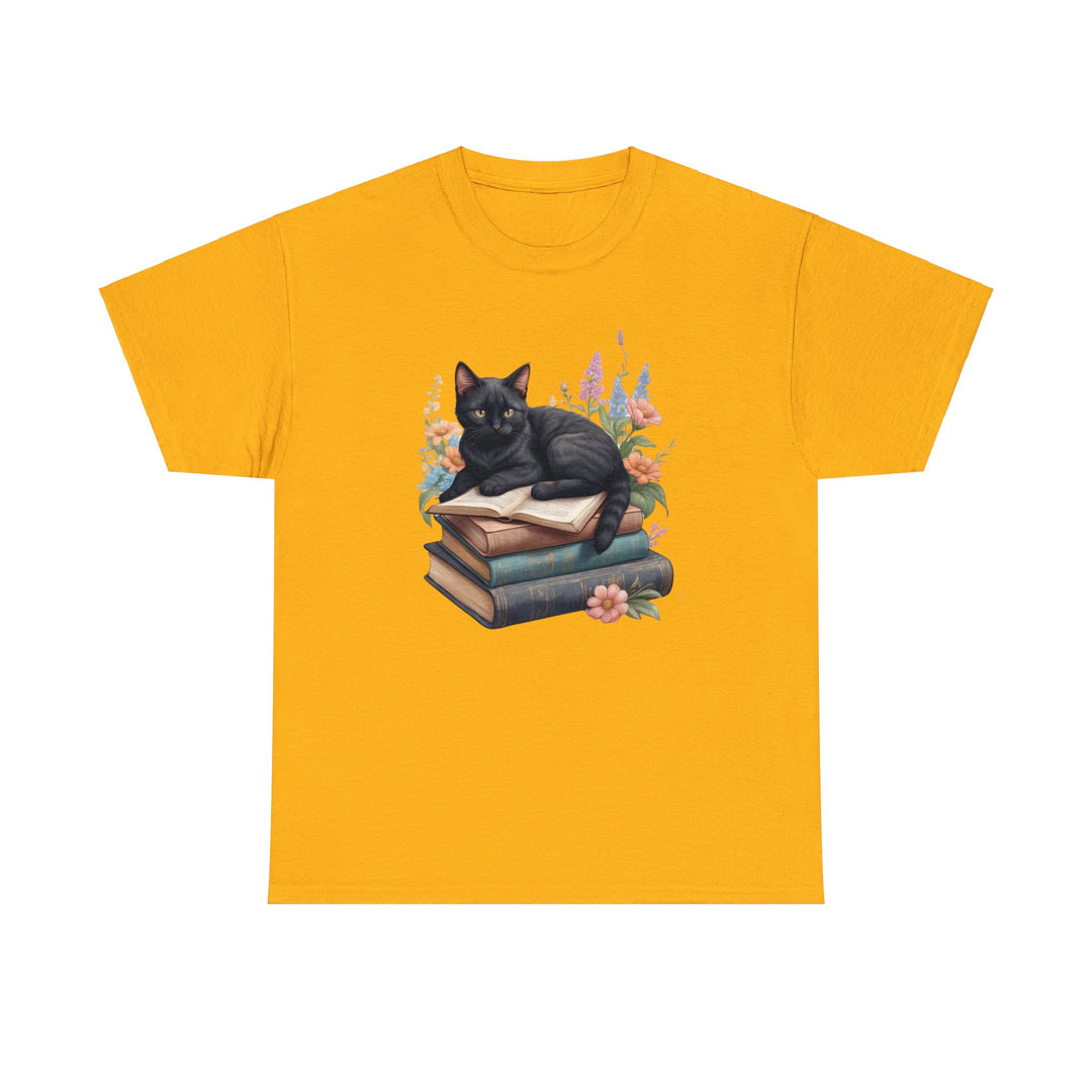 Floral Feline Scholar Book Cat T-shirt