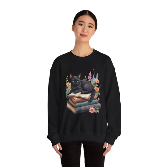 Floral Feline Scholar Book Cat  Sweatshirt