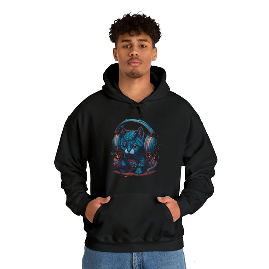 Cat with headset Unisex Hooded Sweatshirt - Wave Fusions